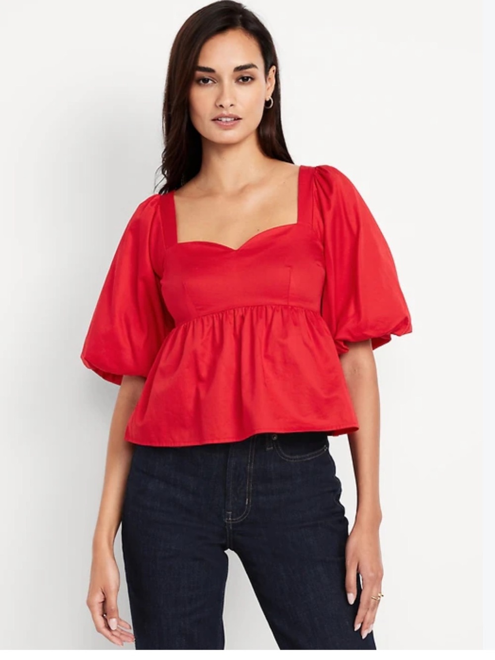 OLD NAVY Puff-Sleeve Poplin Peplum Top Red Large Babydoll Coquette Blouse Bold
